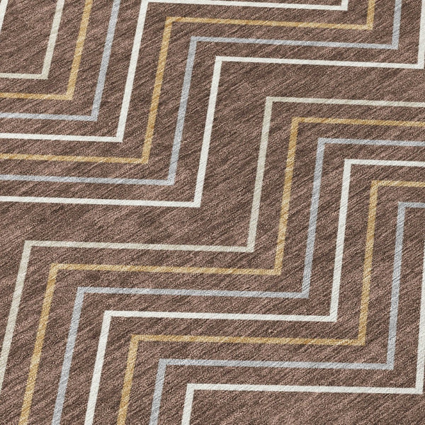 HomeRoots 8' Round Geometric Area Rug in Brown, Ivory & Copper - Washable Indoor/Outdoor Style for Any Space 690125
