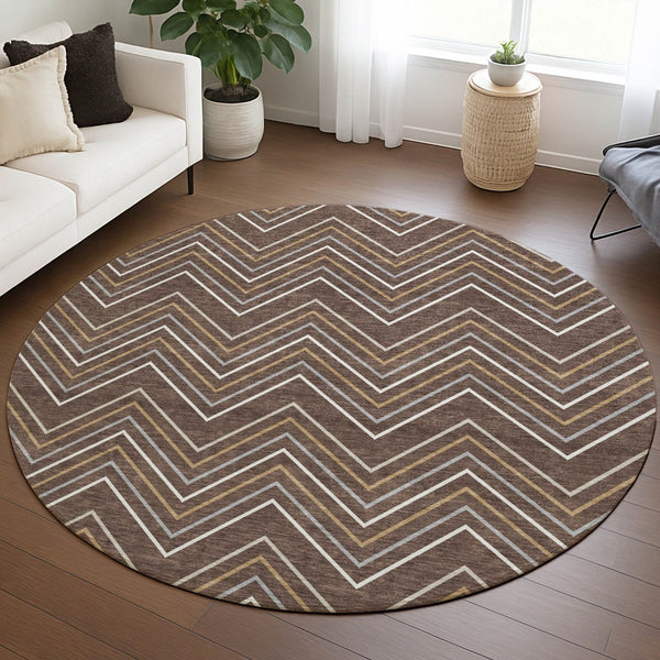 HomeRoots 8' Round Geometric Area Rug in Brown, Ivory & Copper - Washable Indoor/Outdoor Style for Any Space 690125