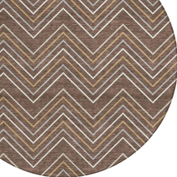 HomeRoots 8' Round Geometric Area Rug in Brown, Ivory & Copper - Washable Indoor/Outdoor Style for Any Space 690125