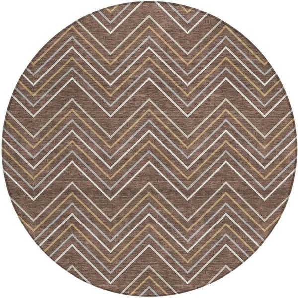 HomeRoots 8' Round Geometric Area Rug in Brown, Ivory & Copper - Washable Indoor/Outdoor Style for Any Space 690125