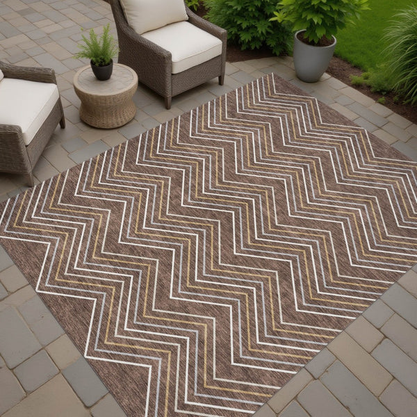 HomeRoots 9' X 12' Geometric Washable Area Rug in Brown, Ivory & Copper - Durable for Indoor/Outdoor Use! 690127