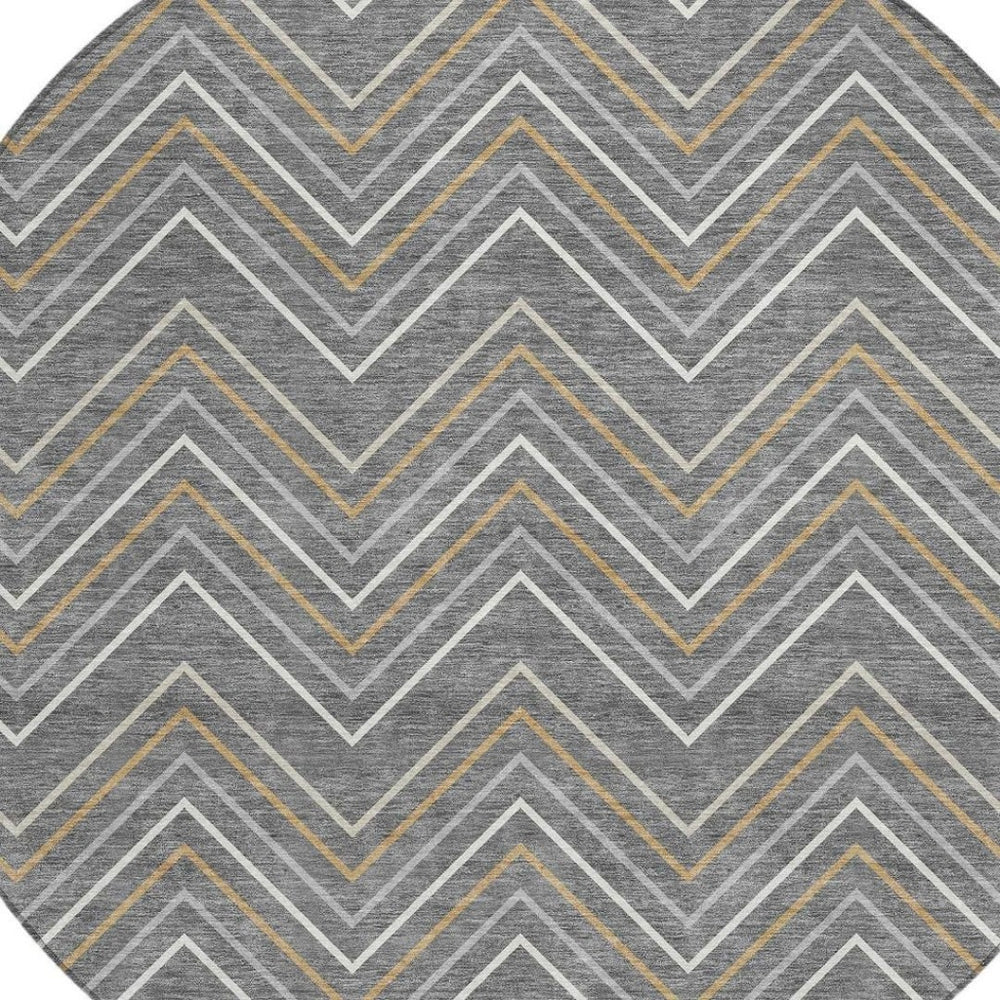 HomeRoots 8' Contemporary Geometric Gray, Ivory & Gold Round Washable Area Rug for Indoor & Outdoor Use 690131