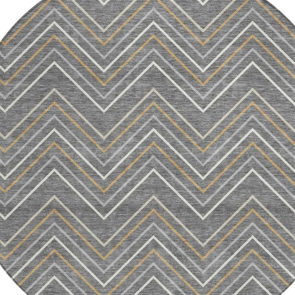 HomeRoots 8' Contemporary Geometric Gray, Ivory & Gold Round Washable Area Rug for Indoor & Outdoor Use 690131