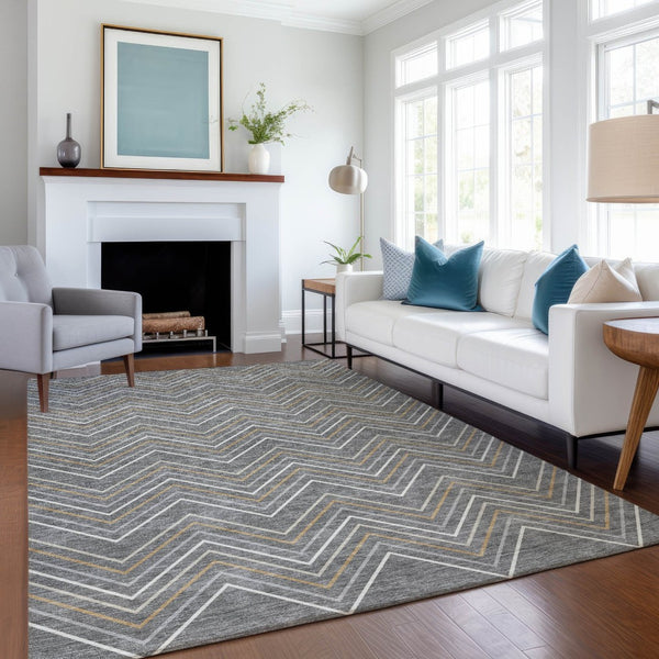 HomeRoots 10' Geometric Washable Area Rug in Gray, Ivory & Gold – Stylish Indoor/Outdoor Design for All Spaces 690134