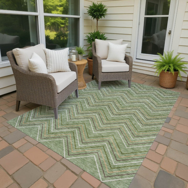 HomeRoots 9' Modern Geometric Washable Indoor/Outdoor Area Rug in Green, Ivory & Brown for Versatile Spaces 690139