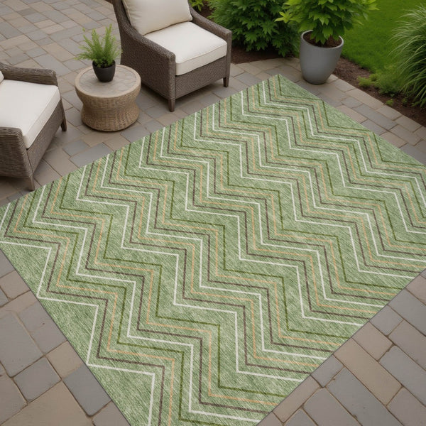 HomeRoots 9' Modern Geometric Washable Indoor/Outdoor Area Rug in Green, Ivory & Brown for Versatile Spaces 690139