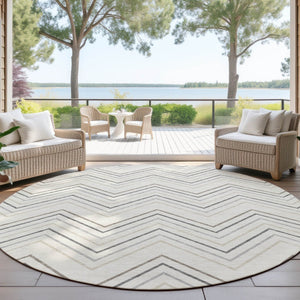 HomeRoots 8' Stylish Ivory Gray & Taupe Round Geometric Washable Area Rug for Indoor & Outdoor Spaces 690143