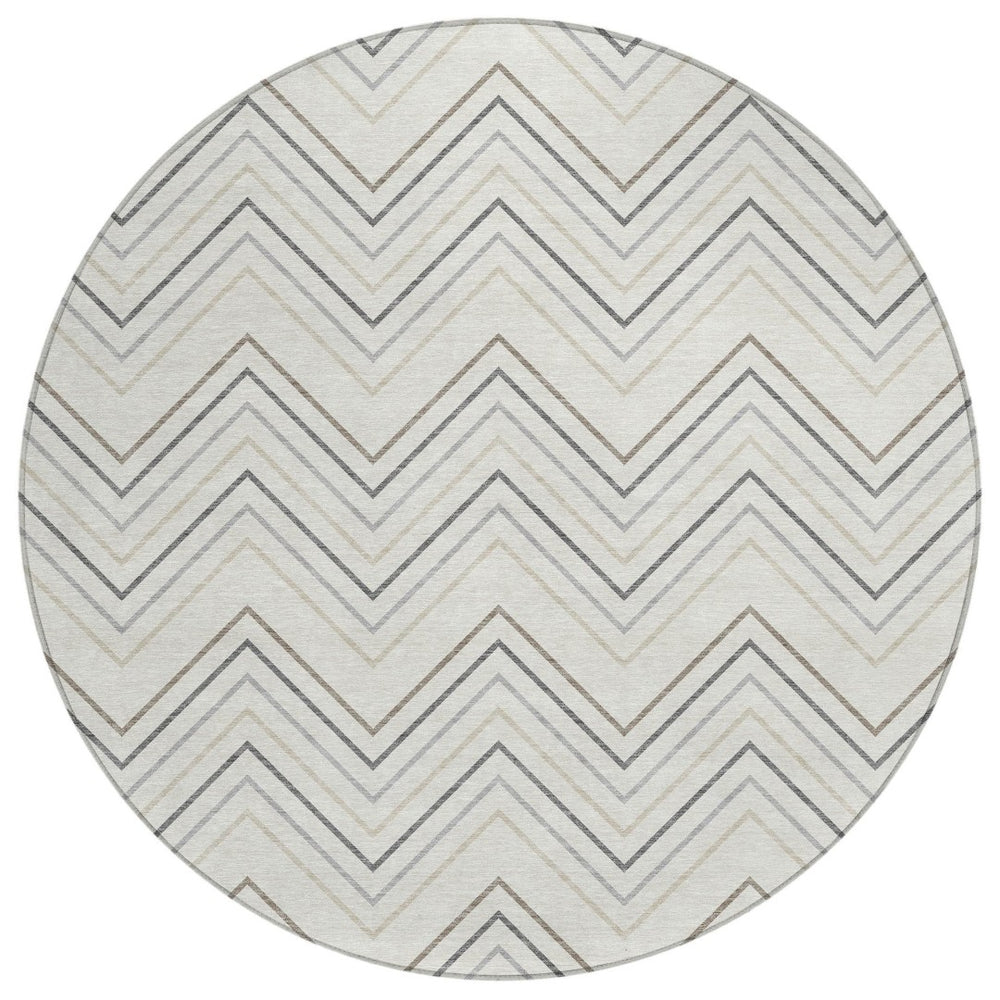 HomeRoots 8' Stylish Ivory Gray & Taupe Round Geometric Washable Area Rug for Indoor & Outdoor Spaces 690143
