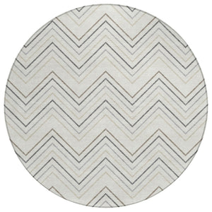 HomeRoots 8' Stylish Ivory Gray & Taupe Round Geometric Washable Area Rug for Indoor & Outdoor Spaces 690143