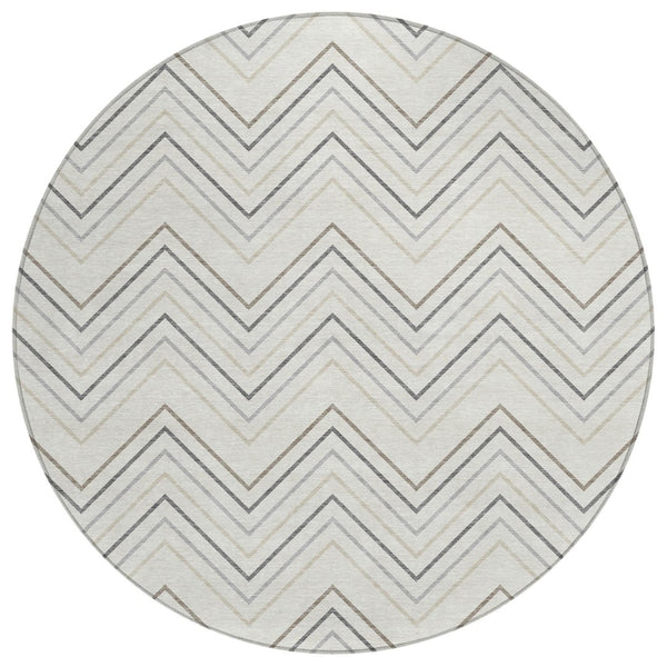 HomeRoots 8' Stylish Ivory Gray & Taupe Round Geometric Washable Area Rug for Indoor & Outdoor Spaces 690143