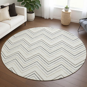 HomeRoots 8' Stylish Ivory Gray & Taupe Round Geometric Washable Area Rug for Indoor & Outdoor Spaces 690143