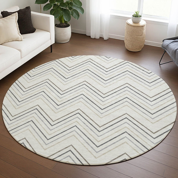 HomeRoots 8' Stylish Ivory Gray & Taupe Round Geometric Washable Area Rug for Indoor & Outdoor Spaces 690143