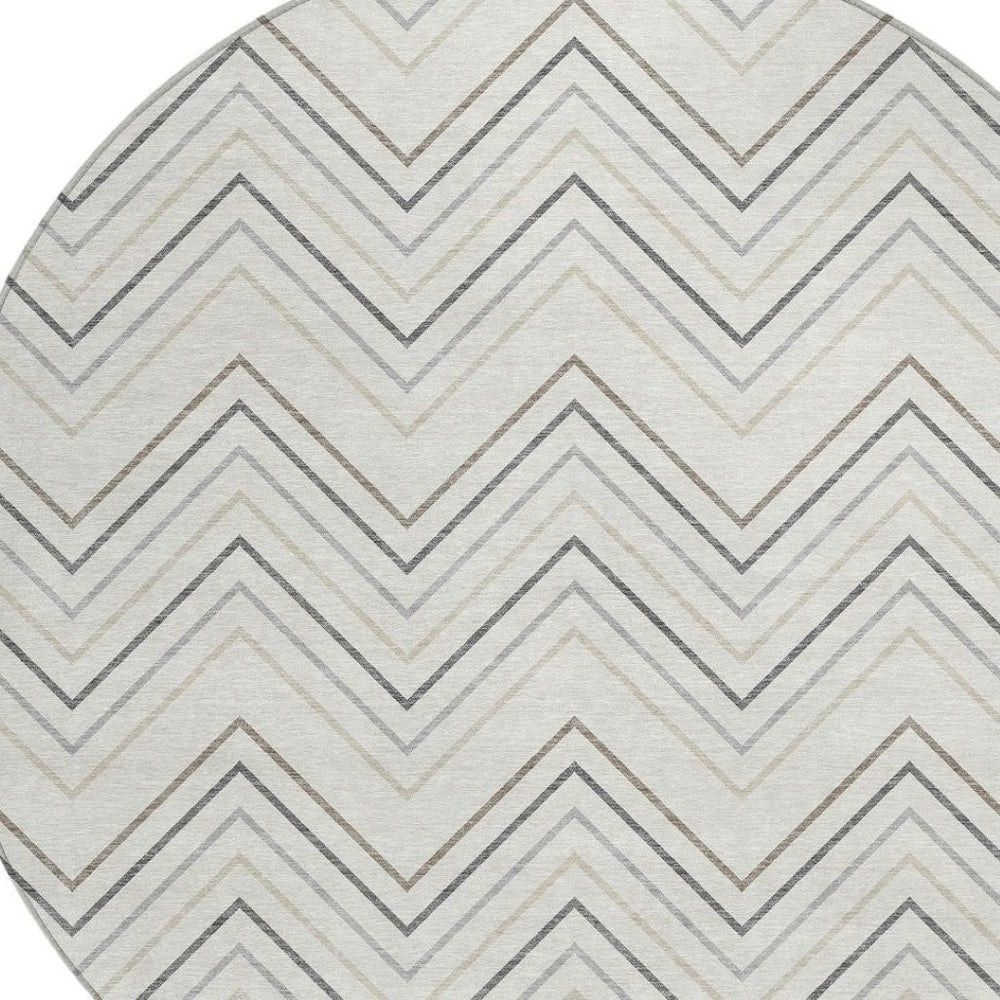 HomeRoots 8' Stylish Ivory Gray & Taupe Round Geometric Washable Area Rug for Indoor & Outdoor Spaces 690143