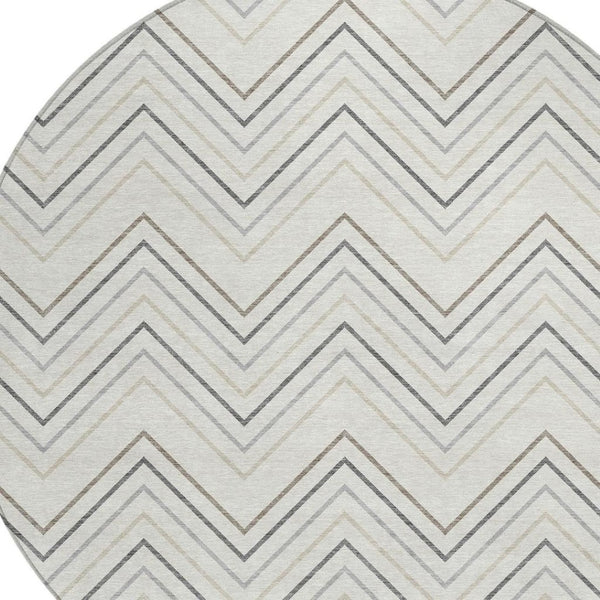 HomeRoots 8' Stylish Ivory Gray & Taupe Round Geometric Washable Area Rug for Indoor & Outdoor Spaces 690143