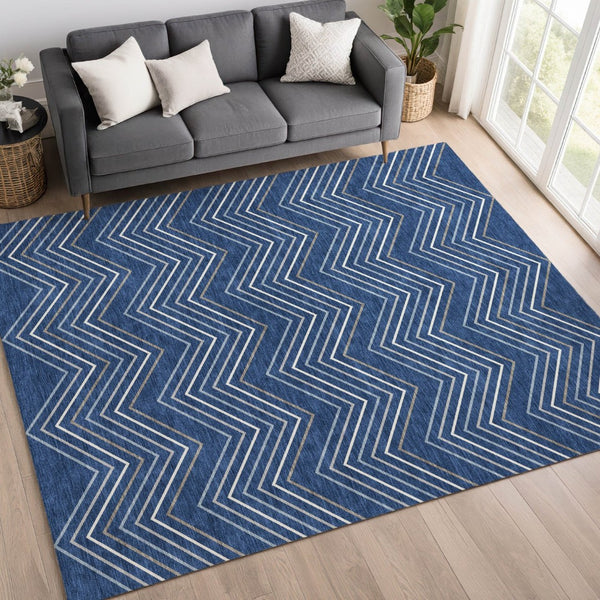 HomeRoots 5' Navy Blue, Ivory & Gray Geometric Area Rug – Washable, Durable for Indoor/Outdoor Spaces, Easy Care 690148