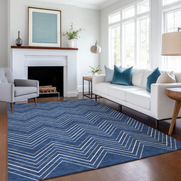 HomeRoots 5' Navy Blue, Ivory & Gray Geometric Area Rug – Washable, Durable for Indoor/Outdoor Spaces, Easy Care 690148