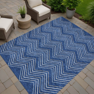 HomeRoots 5' Navy Blue, Ivory & Gray Geometric Area Rug – Washable, Durable for Indoor/Outdoor Spaces, Easy Care 690148