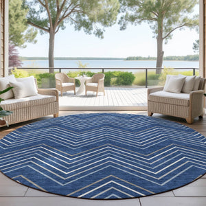 HomeRoots 8' Navy Blue, Ivory & Gray Geometric Area Rug – Washable, Durable & Stylish for Indoor/Outdoor Use 690149