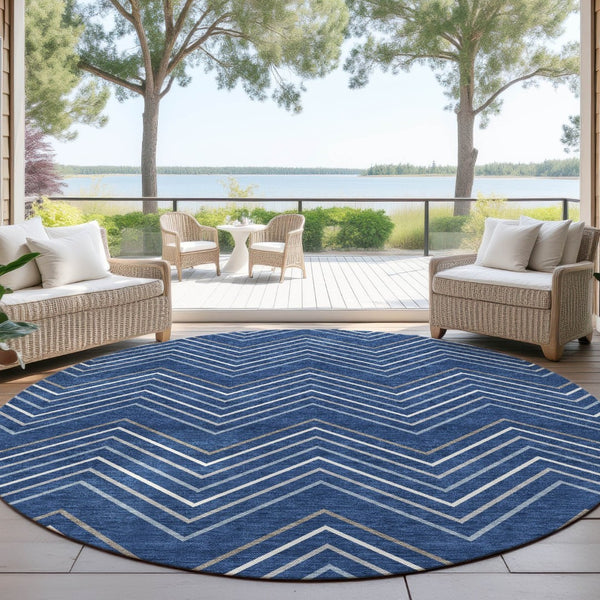 HomeRoots 8' Navy Blue, Ivory & Gray Geometric Area Rug – Washable, Durable & Stylish for Indoor/Outdoor Use 690149