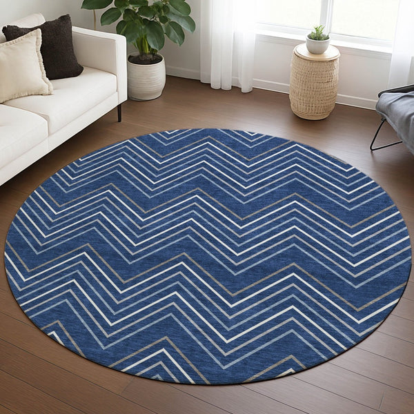 HomeRoots 8' Navy Blue, Ivory & Gray Geometric Area Rug – Washable, Durable & Stylish for Indoor/Outdoor Use 690149