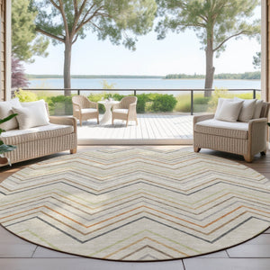 HomeRoots 8' Round Striped Area Rug in Beige, Ivory & Brown – Stylish Washable Indoor/Outdoor Decor Piece 690155