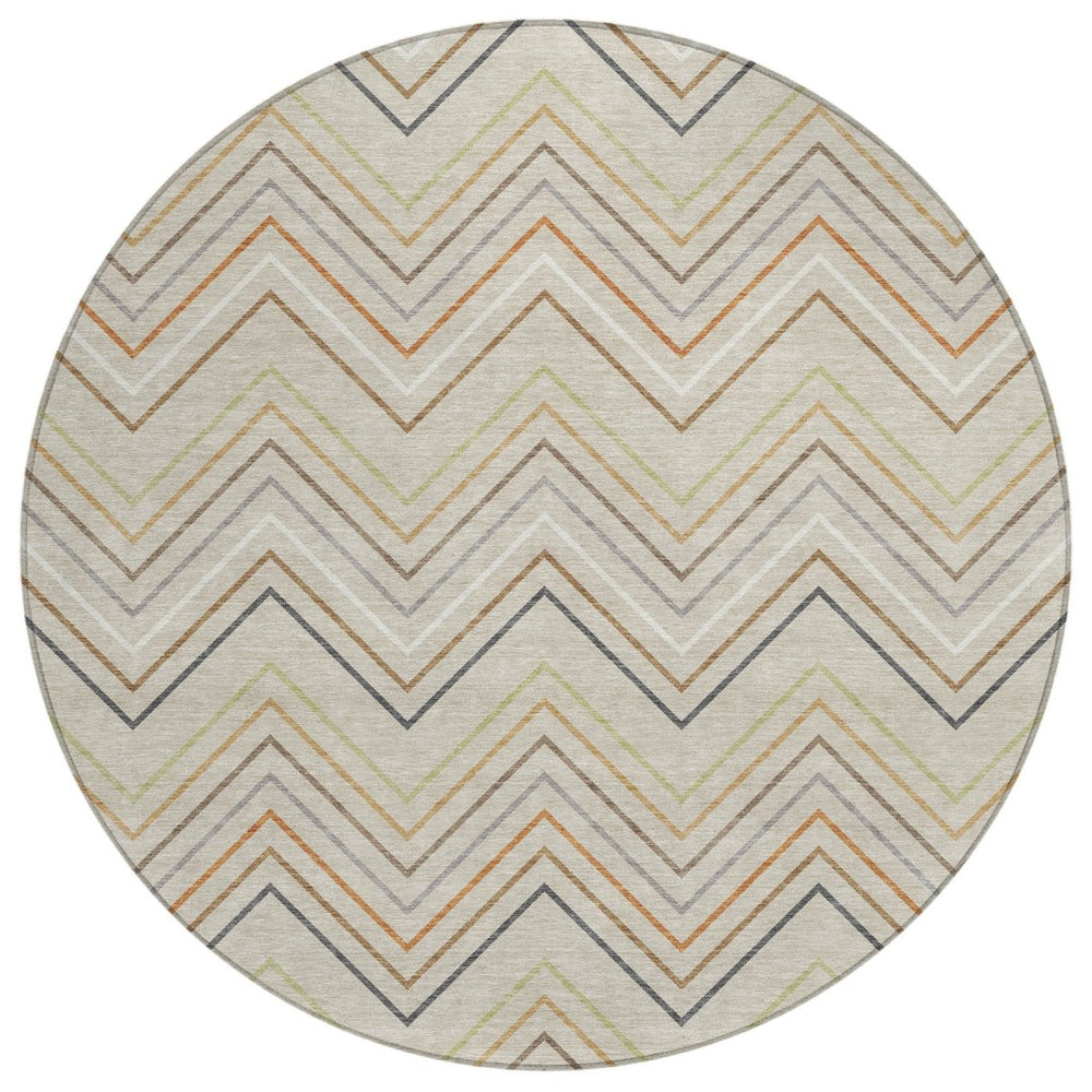 HomeRoots 8' Round Striped Area Rug in Beige, Ivory & Brown – Stylish Washable Indoor/Outdoor Decor Piece 690155
