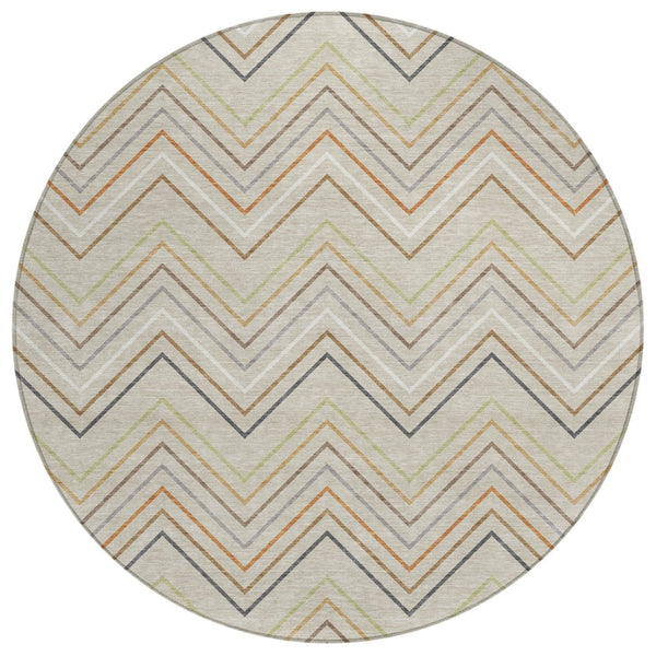HomeRoots 8' Round Striped Area Rug in Beige, Ivory & Brown – Stylish Washable Indoor/Outdoor Decor Piece 690155