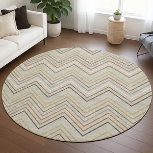 HomeRoots 8' Round Striped Area Rug in Beige, Ivory & Brown – Stylish Washable Indoor/Outdoor Decor Piece 690155