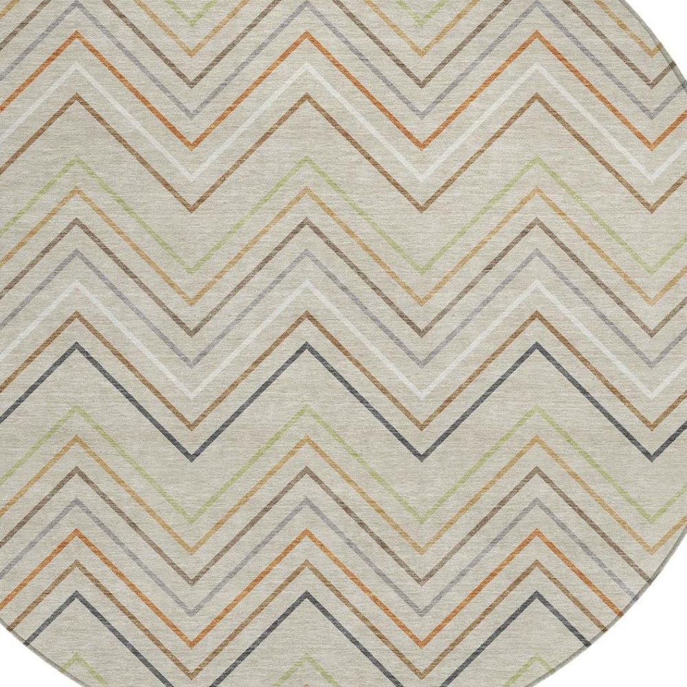 HomeRoots 8' Round Striped Area Rug in Beige, Ivory & Brown – Stylish Washable Indoor/Outdoor Decor Piece 690155