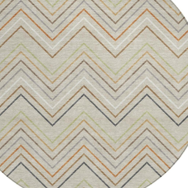 HomeRoots 8' Round Striped Area Rug in Beige, Ivory & Brown – Stylish Washable Indoor/Outdoor Decor Piece 690155