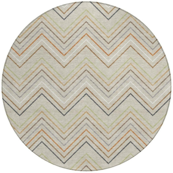 HomeRoots 8' Round Striped Area Rug in Beige, Ivory & Brown – Stylish Washable Indoor/Outdoor Decor Piece 690155