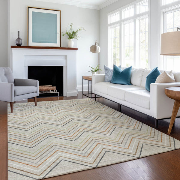 HomeRoots 10' Machine-Washable Beige, Ivory & Brown Striped Area Rug - Durable Indoor/Outdoor Decor for Homes 690158