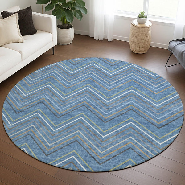 HomeRoots 8' Striped Washable Area Rug in Blue, Ivory & Brown - Perfect for Indoor & Outdoor Spaces! 690161