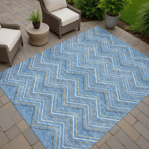 HomeRoots 8' X 10' Washable Striped Area Rug in Blue, Ivory & Brown - Durable for Indoor/Outdoor Charm! 690162