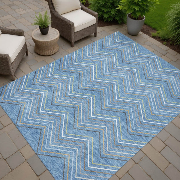 HomeRoots 8' X 10' Washable Striped Area Rug in Blue, Ivory & Brown - Durable for Indoor/Outdoor Charm! 690162