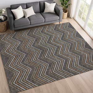 HomeRoots 5' X 8' Charcoal Ivory Brown Striped Washable Area Rug - Durable Indoor/Outdoor Design for All Spaces 690166