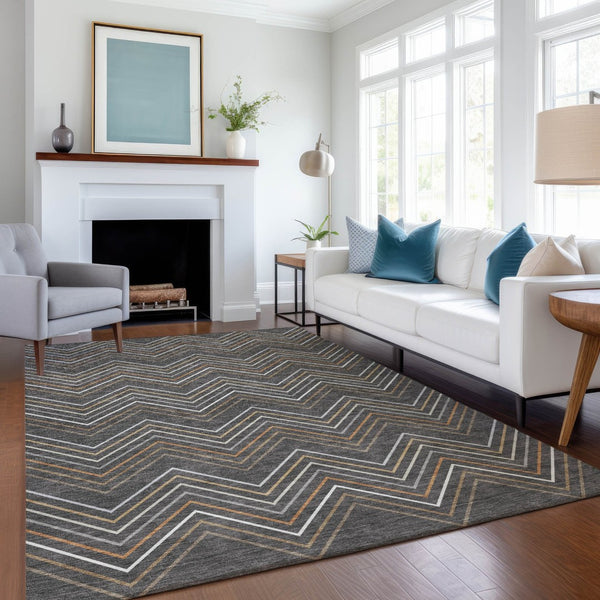 HomeRoots 5' X 8' Charcoal Ivory Brown Striped Washable Area Rug - Durable Indoor/Outdoor Design for All Spaces 690166