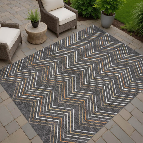 HomeRoots 5' X 8' Charcoal Ivory Brown Striped Washable Area Rug - Durable Indoor/Outdoor Design for All Spaces 690166