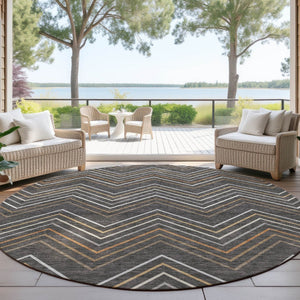 HomeRoots 8' Round Striped Area Rug in Charcoal, Ivory & Brown - Durable, Washable, Indoor & Outdoor Use 690167