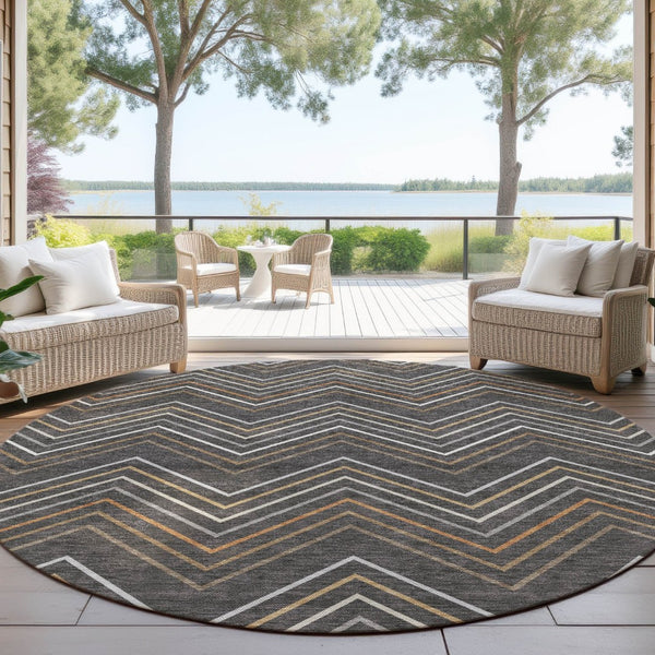 HomeRoots 8' Round Striped Area Rug in Charcoal, Ivory & Brown - Durable, Washable, Indoor & Outdoor Use 690167