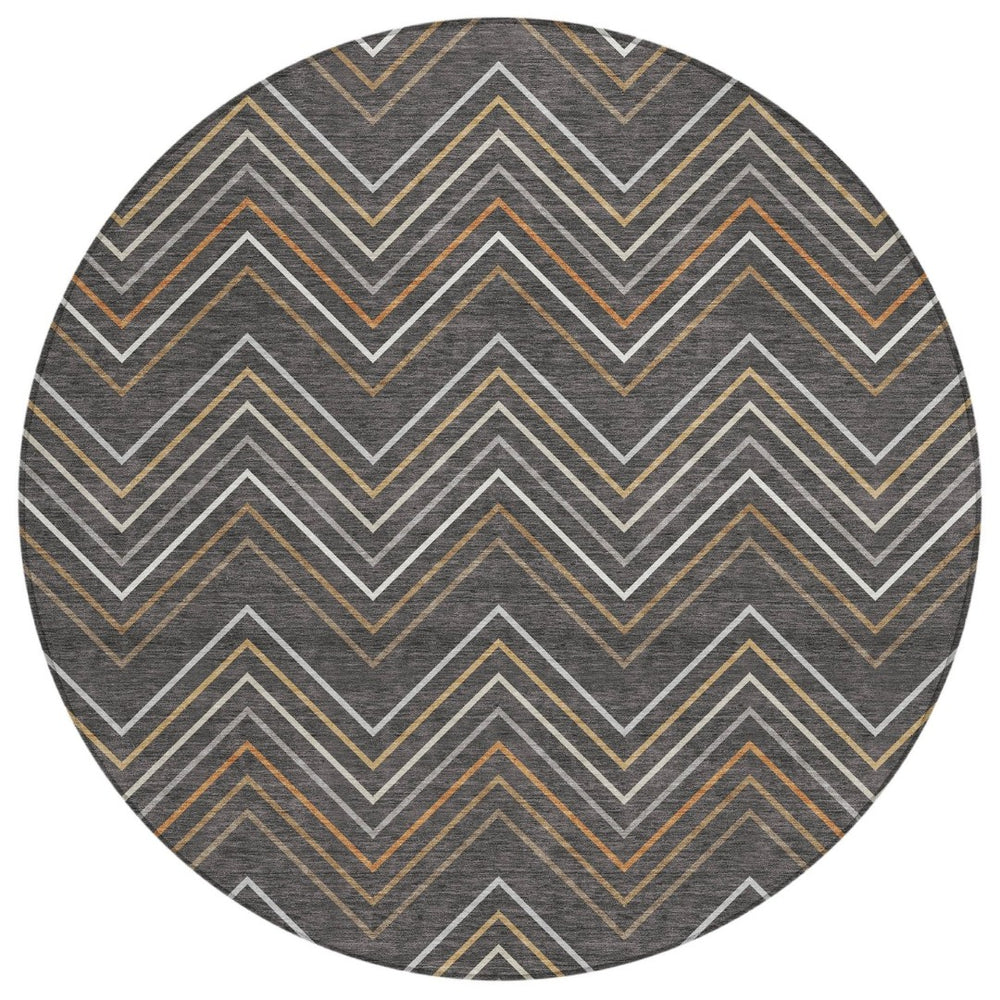 HomeRoots 8' Round Striped Area Rug in Charcoal, Ivory & Brown - Durable, Washable, Indoor & Outdoor Use 690167