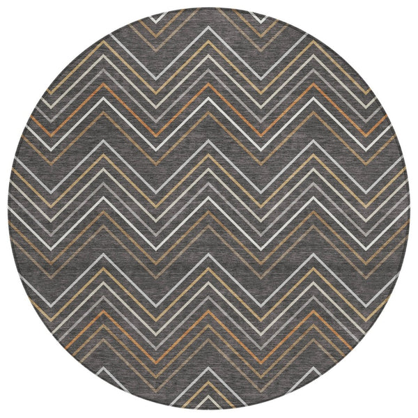 HomeRoots 8' Round Striped Area Rug in Charcoal, Ivory & Brown - Durable, Washable, Indoor & Outdoor Use 690167