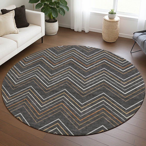 HomeRoots 8' Round Striped Area Rug in Charcoal, Ivory & Brown - Durable, Washable, Indoor & Outdoor Use 690167