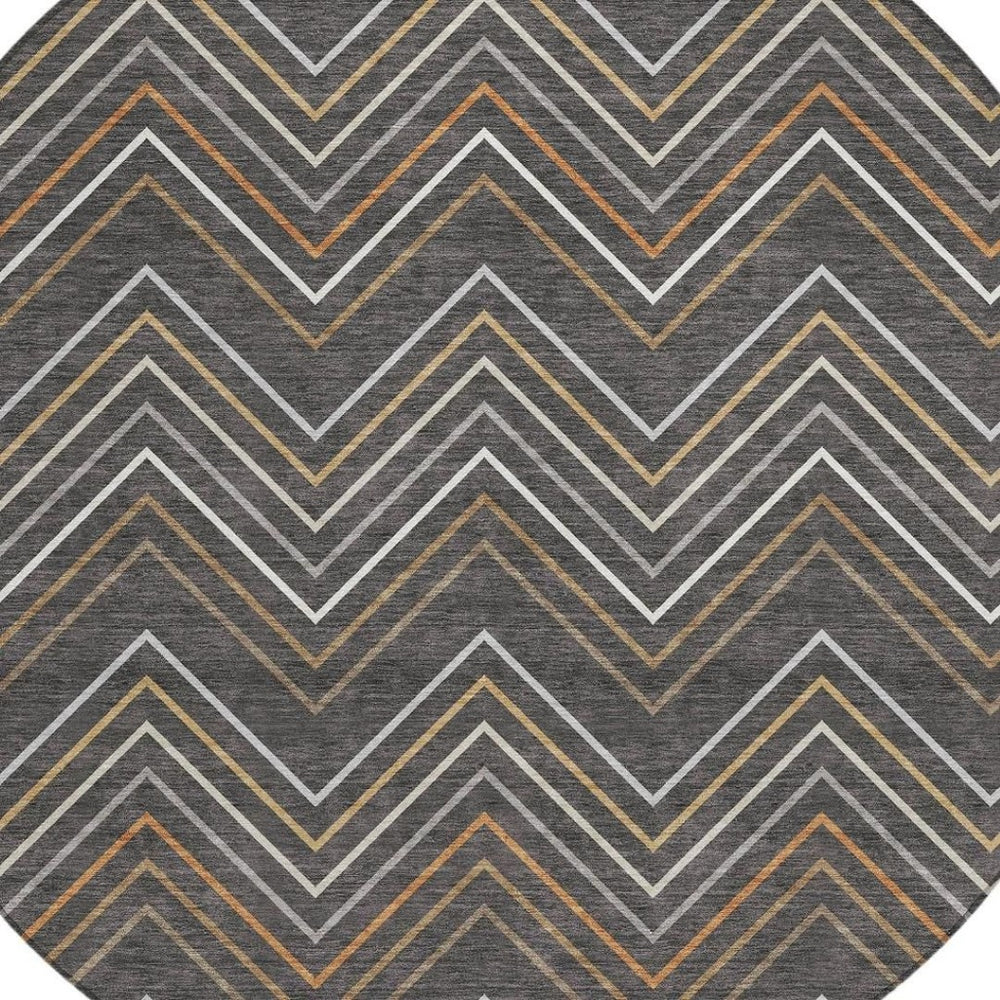 HomeRoots 8' Round Striped Area Rug in Charcoal, Ivory & Brown - Durable, Washable, Indoor & Outdoor Use 690167