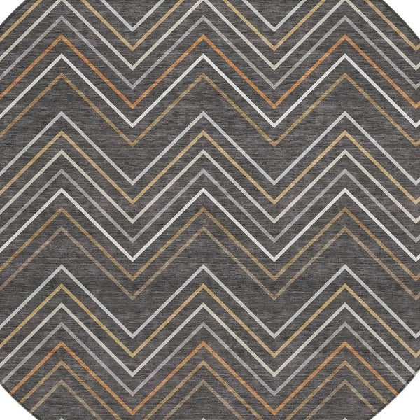 HomeRoots 8' Round Striped Area Rug in Charcoal, Ivory & Brown - Durable, Washable, Indoor & Outdoor Use 690167