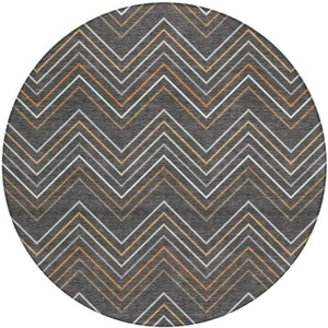 HomeRoots 8' Round Striped Area Rug in Charcoal, Ivory & Brown - Durable, Washable, Indoor & Outdoor Use 690167
