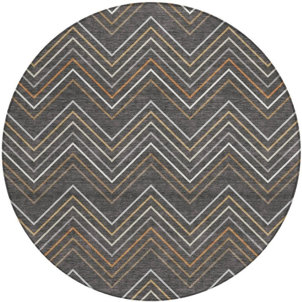 HomeRoots 8' Round Striped Area Rug in Charcoal, Ivory & Brown - Durable, Washable, Indoor & Outdoor Use 690167