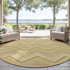 HomeRoots 8' Gold Ivory and Blue Striped Washable Area Rug - Durable Indoor/Outdoor Design for Modern Spaces 690173