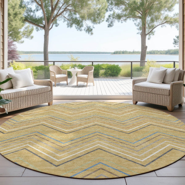 HomeRoots 8' Gold Ivory and Blue Striped Washable Area Rug - Durable Indoor/Outdoor Design for Modern Spaces 690173