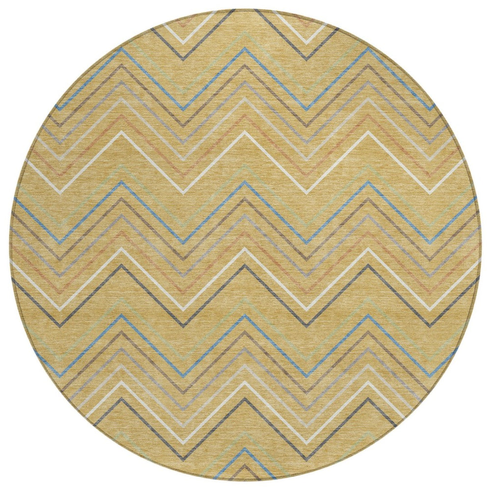 HomeRoots 8' Gold Ivory and Blue Striped Washable Area Rug - Durable Indoor/Outdoor Design for Modern Spaces 690173